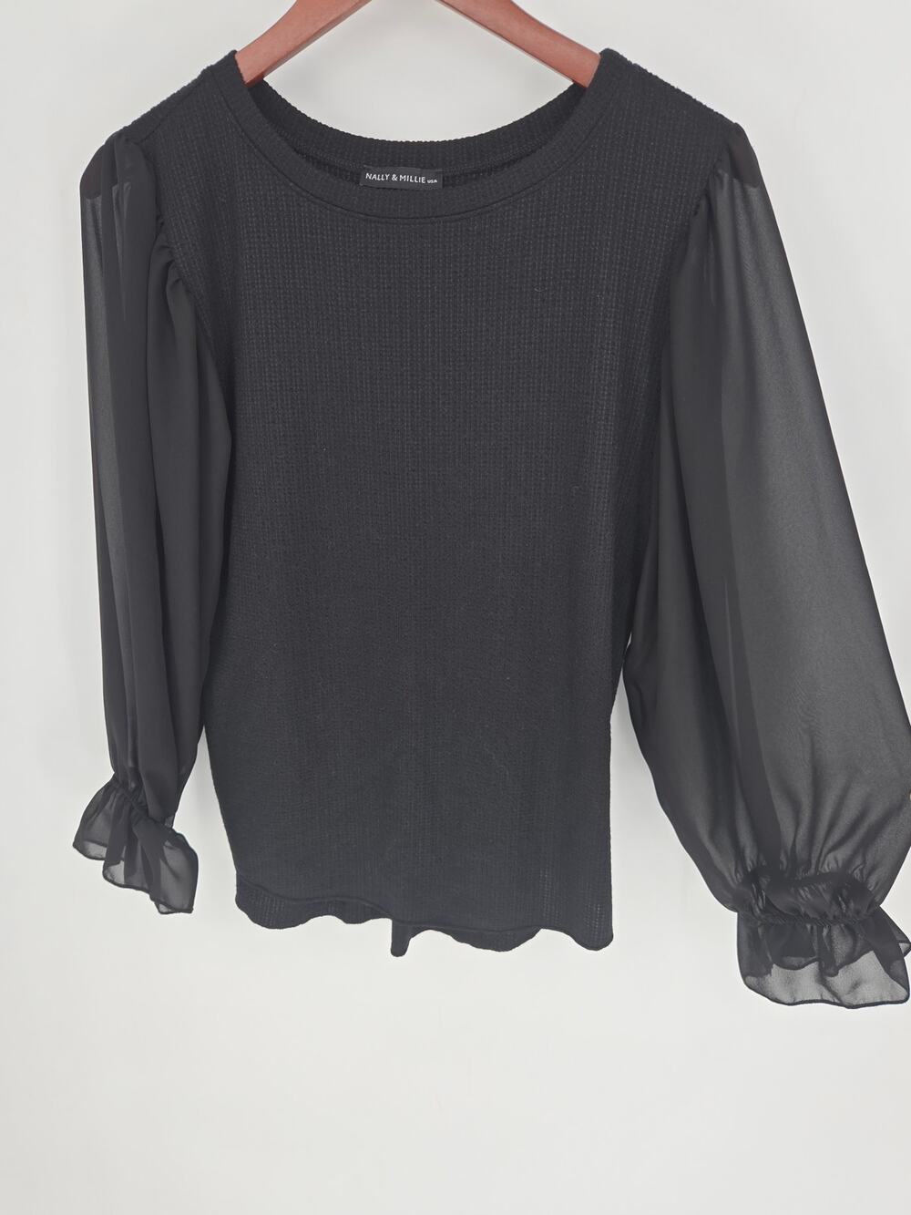 Nally & Millie Black Career Blouse Sheer Sleeves Made in USA Womens XS